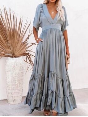 Vici dolls seafood season tiered Maxi Dress with Deep V